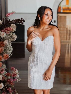 Strapless White Beaded Mini Dress